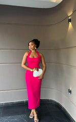 Hot Pink Satin Halter Evening Gown Sleeveless Ankle-Length Dress