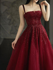 Burgundy Tulle A-Line Prom Dress with Straps and Lace-Up