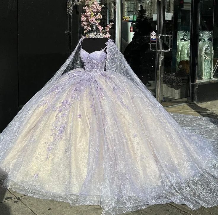 purple quince dresses with butterflies Light Purple Quinceanera Ball Gown with Cape Butterfly Applique