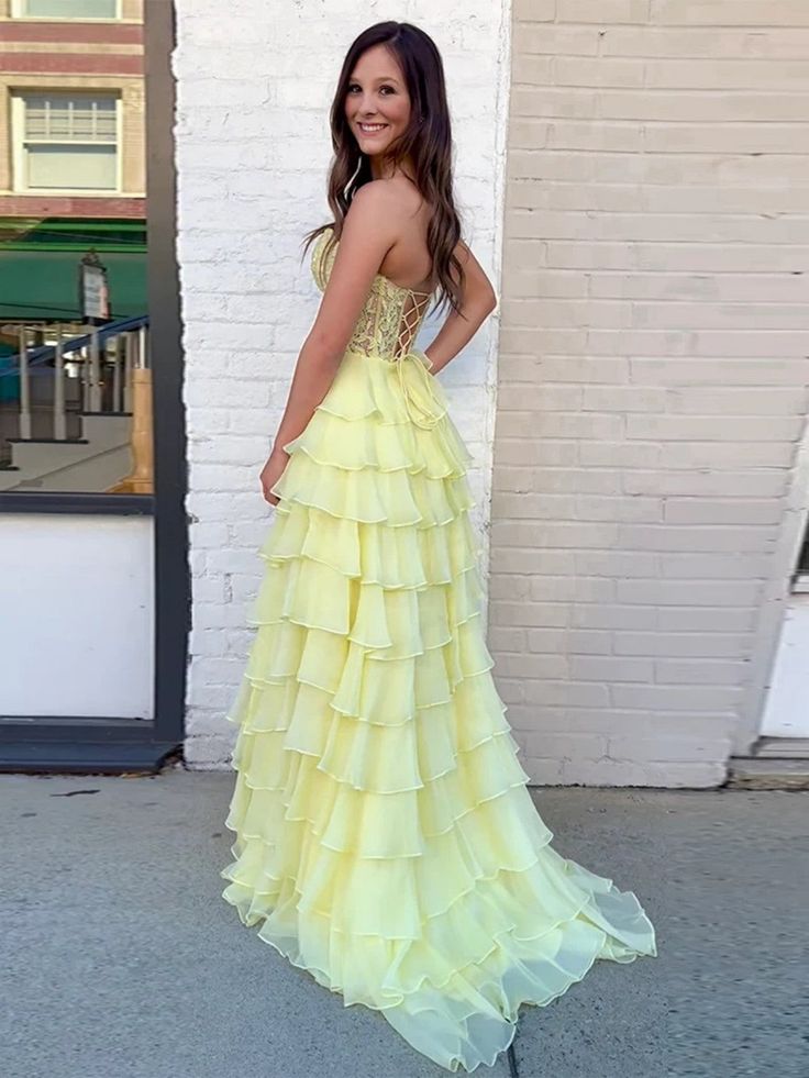 Strapless Layered Yellow Lace-Top Chiffon Prom Evening Gown