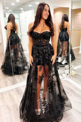 Strapless Sheer Lace Appliqué Tulle Prom Dress with Built-In Bra