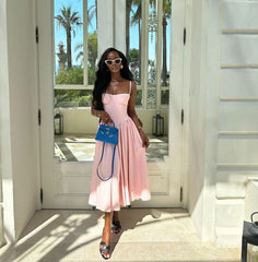 A-Line Pink Satin Evening Gown Sleeveless Formal Prom Dress