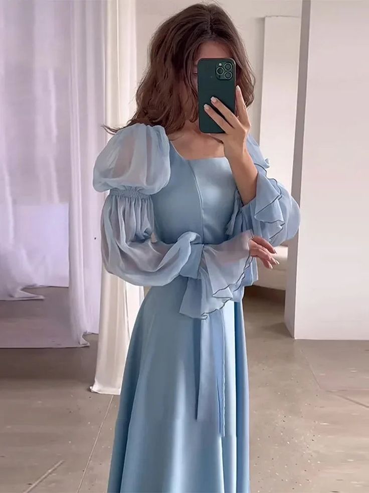 long light blue dress with sleeves V Neck Chiffon Prom Dress, Elegant Split Long Uniquedresss Polyester Hem Light Blue Tiered Chiffon Puff-Sleeve