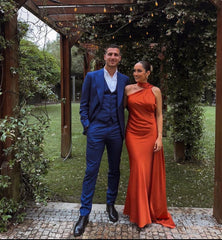 Burnt Orange Satin Halter Maxi Prom Evening Dress Built-In Bra