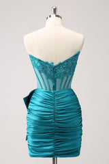 Tight Strapless Pleated Satin Short Homecoming Dress with Bow