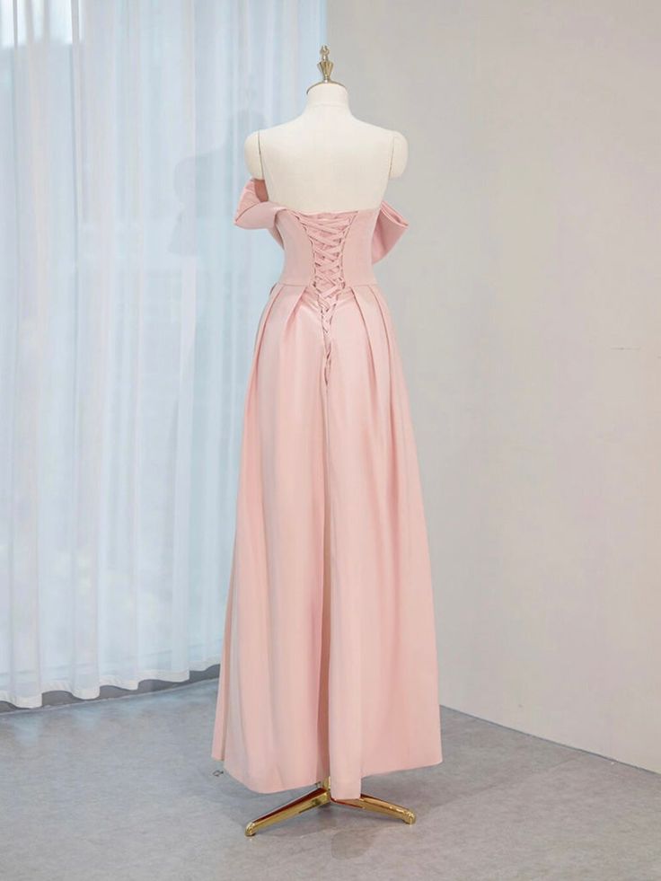 Satin A-Line Pink Prom Dress Long Formal Gown with Lace-Up
