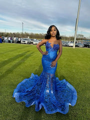 Blue Tulle Mermaid Prom Gown Sleeveless Built-in Bra Evening Dress