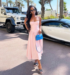 A-Line Pink Satin Evening Gown Sleeveless Formal Prom Dress