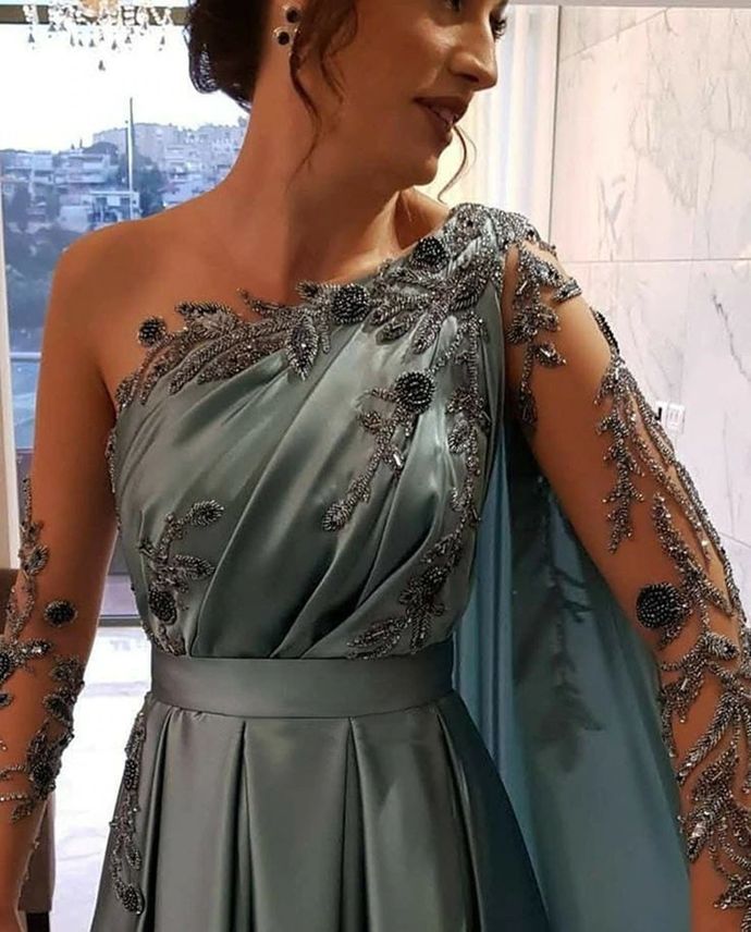 One Shoulder Satin Full-Length A-Line Evening Prom Dress with Zipper