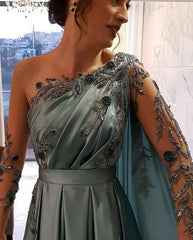 One Shoulder Satin Full-Length A-Line Evening Prom Dress with Zipper