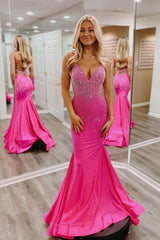 Hot Pink Satin V-Neck Mermaid Prom Dress with Beading