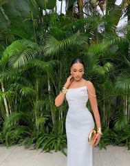 White Satin Sleeveless Prom Dress Long Evening Gown Elegant