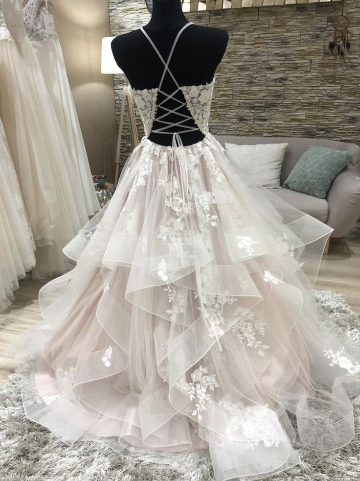 V-Neck Tulle Lace Long Prom Dress Evening Formal Gown