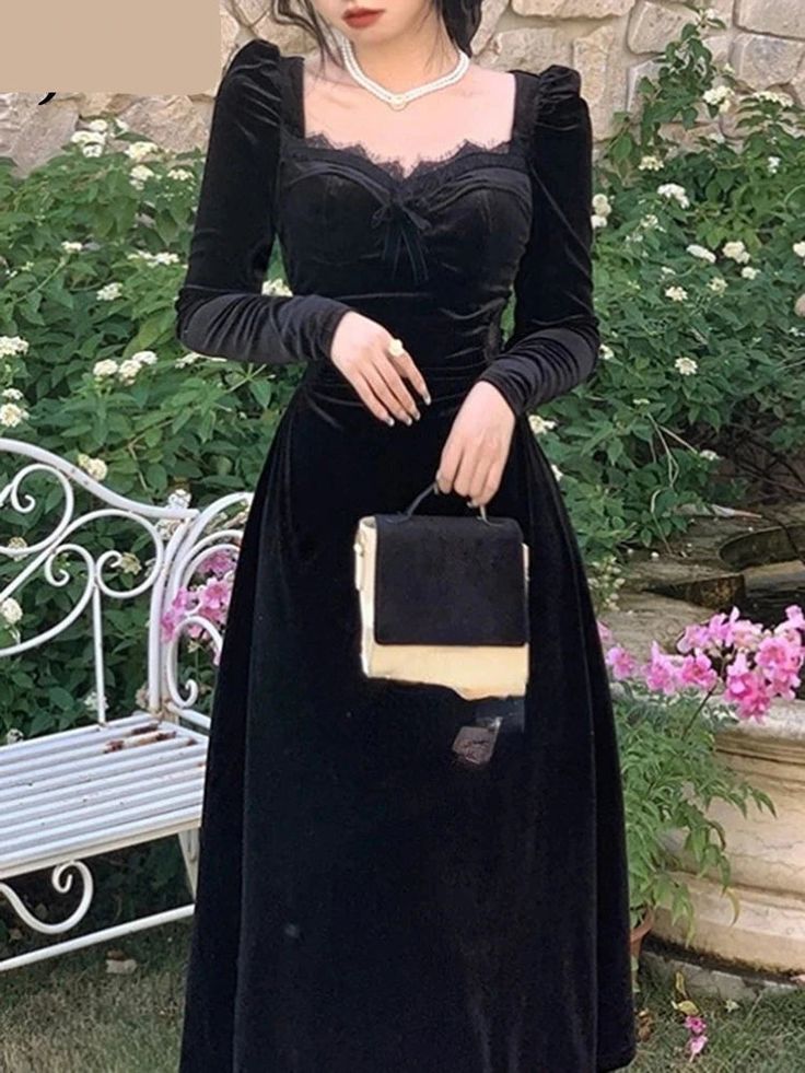 Vintage Black Velvet Long Sleeve Midi Dress with Zipper