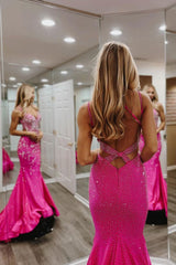 Hot Pink Satin V-Neck Mermaid Prom Dress with Beading