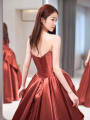 Satin Strapless Lace-Up Evening Prom Dress with Built-In Bra