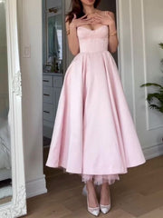 Satin Sleeveless Midi Evening Dress with Built-In Bra Pink