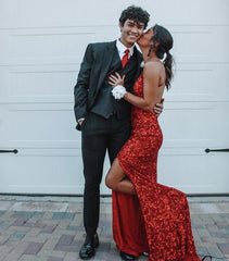 Red Sequin Long Evening Gown Prom Dress Sleeveless Zippered
