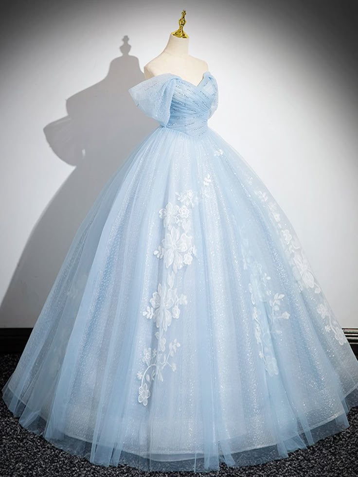 Blue Off-Shoulder Tulle Sequin A-Line Long Prom Dress