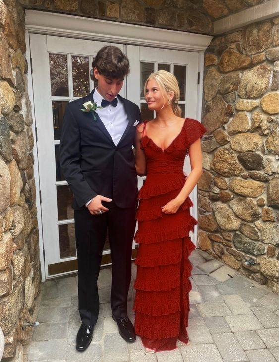 red tiered prom dress Cute A Line V Neck Red Tiered Tulle Long Prom Dresses with Appliques DM24101905 Dressmeet