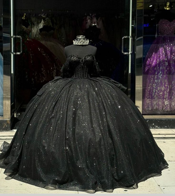 Shiny Black Ball Gown Quinceanera Dress with Beaded Crystal Bow