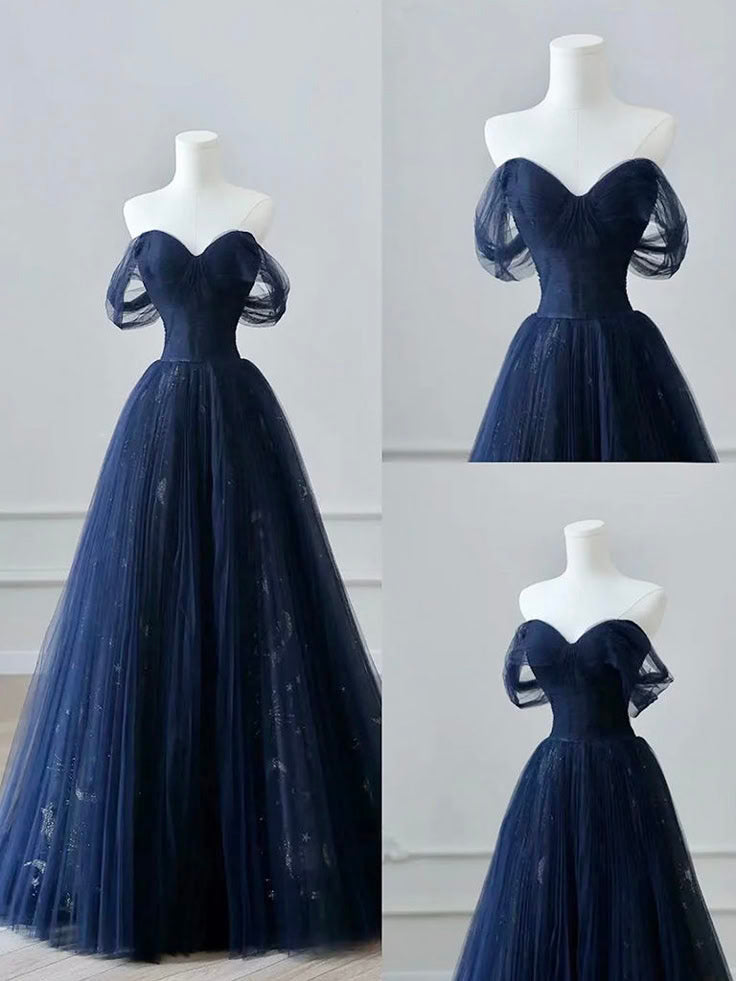 A-Line Off-Shoulder Tulle Lace Dark Blue Long Prom Dress
