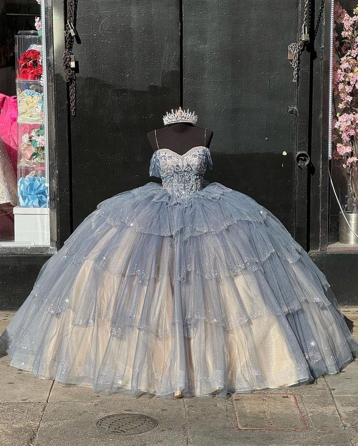Off-Shoulder Sparkle Tulle Ball Gown Quinceanera Tiered Skirt Sequined Lace-Up