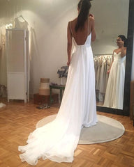 Chiffon Spaghetti Strap A-Line V-Neck White Wedding Dress Built-in Bra