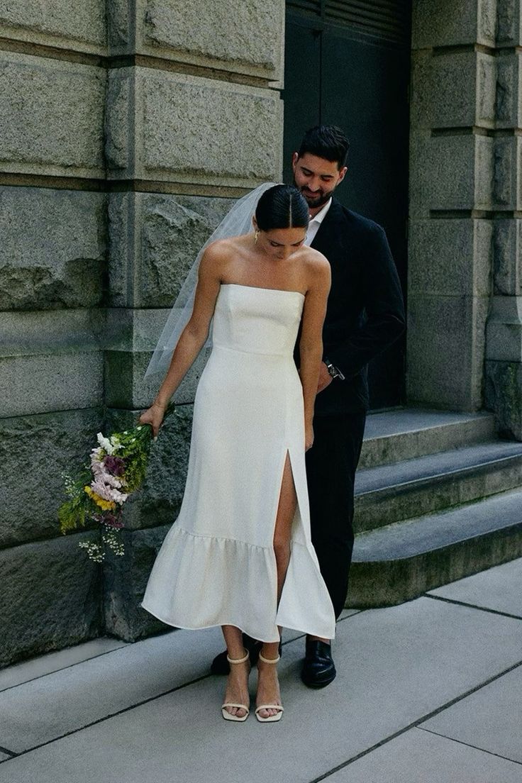 Strapless Satin Sheath Midi Wedding Dress with Side Slit Strapless Satin Sheath Midi Wedding Dress with Side Slit