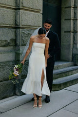 Strapless Satin Sheath Midi Wedding Dress with Side Slit