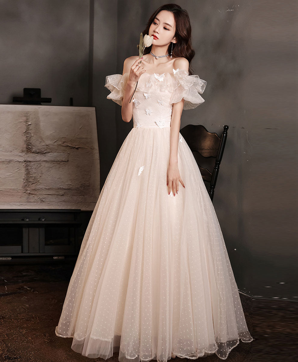 Elegant Champagne Tulle Lace Off Shoulder Long Prom Formal Dress