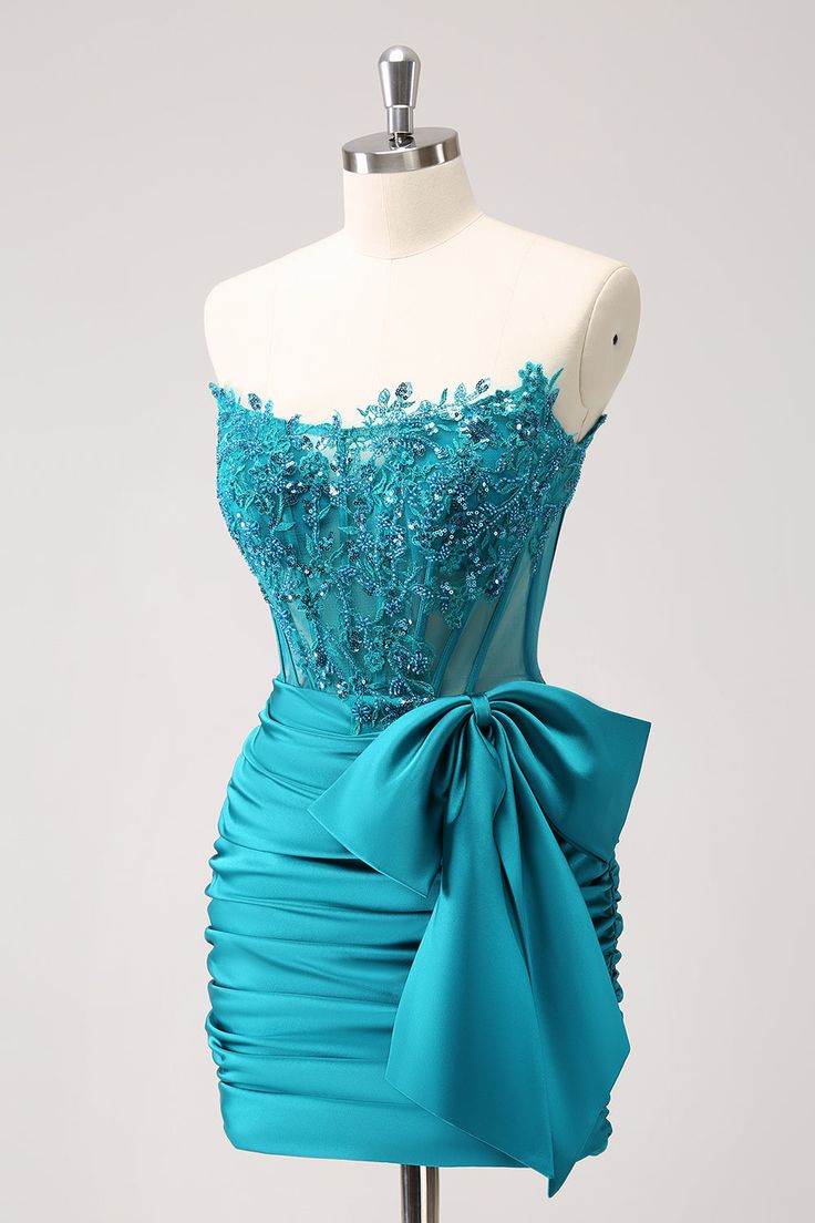 Tight Strapless Pleated Satin Short Homecoming Dress with Bow