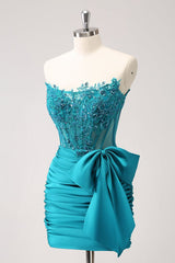 Tight Strapless Pleated Satin Short Homecoming Dress with Bow