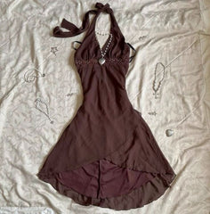 Brown Halter Chiffon Homecoming Dress Sleeveless Zippered Back Formal