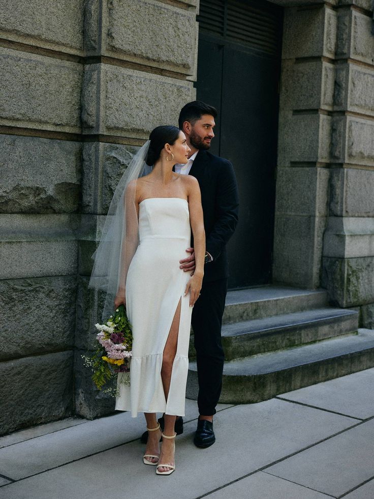 Strapless Satin Sheath Midi Wedding Dress with Side Slit Strapless Satin Sheath Midi Wedding Dress with Side Slit