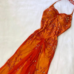 Elegant Orange Spaghetti Straps Beaded Prom Dress Party Gown For Women