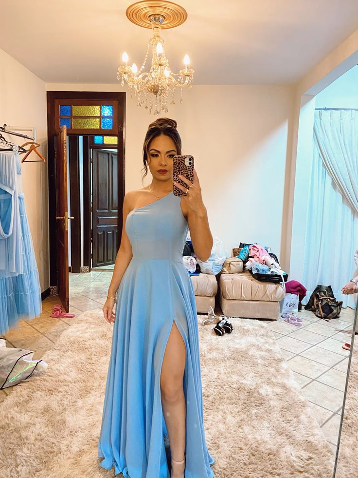 Satin One-Shoulder Prom Dress with Side Slit and Built-In Bra