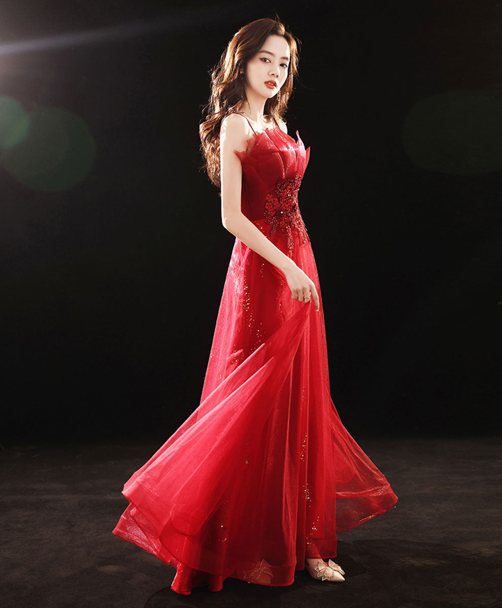 Elegant Burgundy Tulle Lace Long Prom Dress with A-Line Silhouette