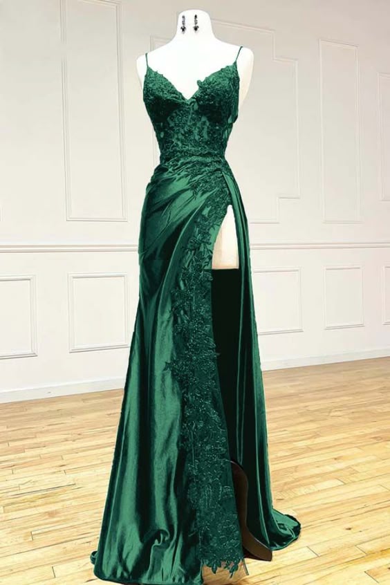 Satin V-Neck Lace-Up Back Long Prom Dress Elegant Green