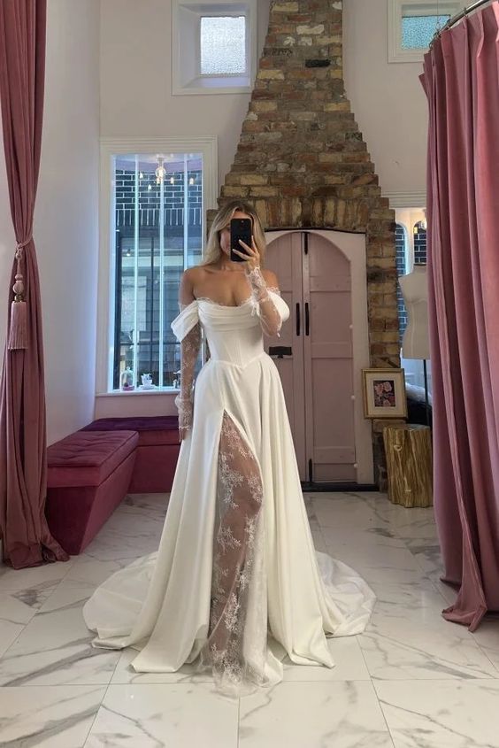 Satin Off-Shoulder Lace Slit Long-Sleeve Wedding Dress Built-in Bra