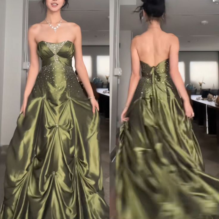 Long Satin Green Formal Party Gown Dress