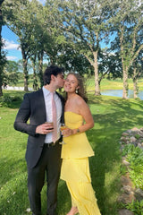 Yellow Strapless A-Line Chiffon Long Prom Evening Dress Elegant