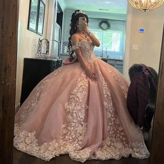 Light Pink Tulle Quinceanera Ball Gown with Lace Bow Appliques