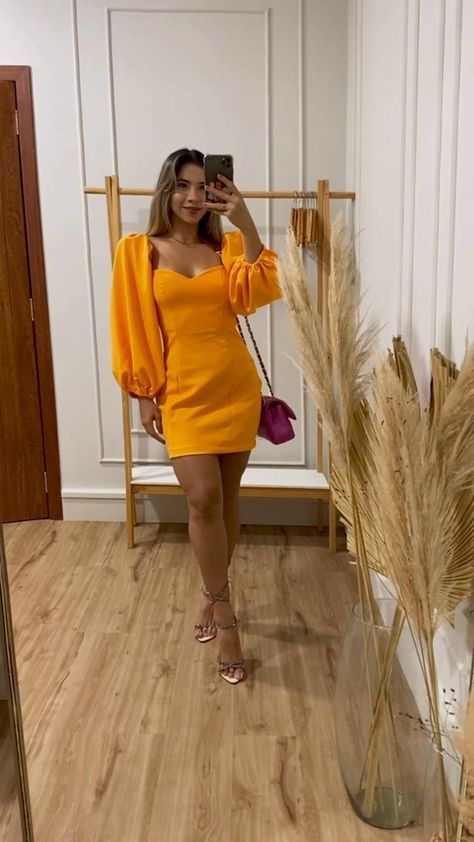 Women's Satin Puff Sleeve Orange Homecoming Dress with Built-in Bra