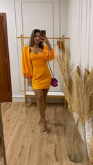 Women's Satin Puff Sleeve Orange Homecoming Dress with Built-in Bra