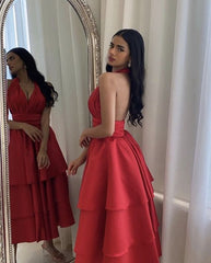 Pleated Satin Halter Backless A-Line Tea-Length Evening Dress Red