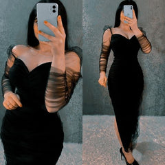 Off-Shoulder Tulle Sheath Evening Gown Long Sleeve Prom Dress