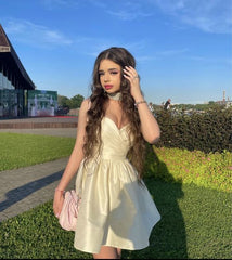 Ivory Satin Short Prom Dress Sleeveless Zipper Cocktail Gown