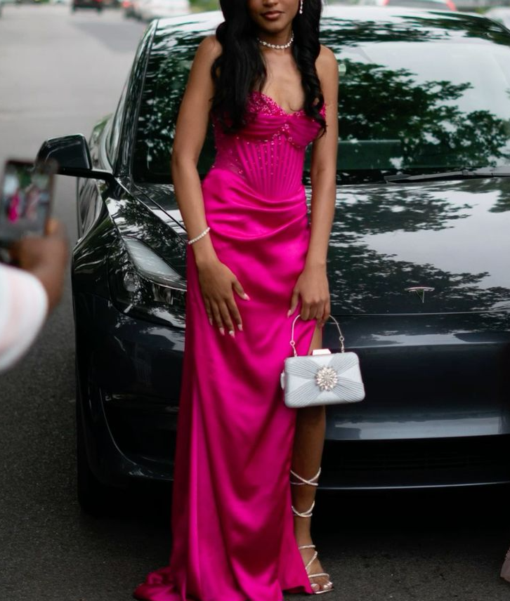 Fuchsia Sweetheart Mermaid Prom Dress Satin Long Split Gown