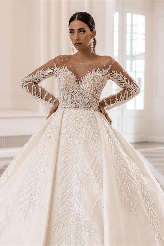 Glamorous Long Sleeve Bateau A-Line Satin Bridal Gown with Crystal and Pearl  